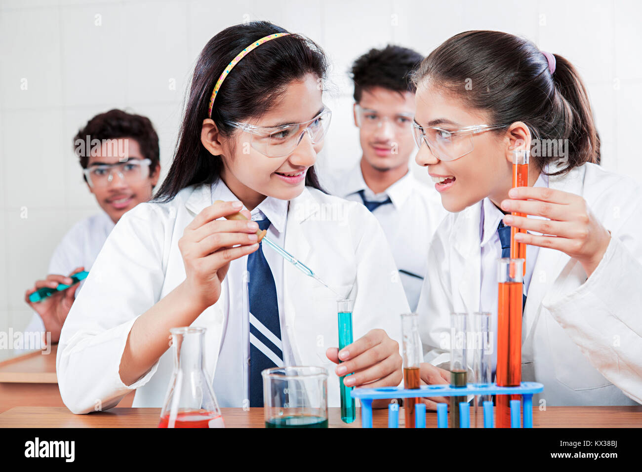 School students conducting experiments in a science laboratory