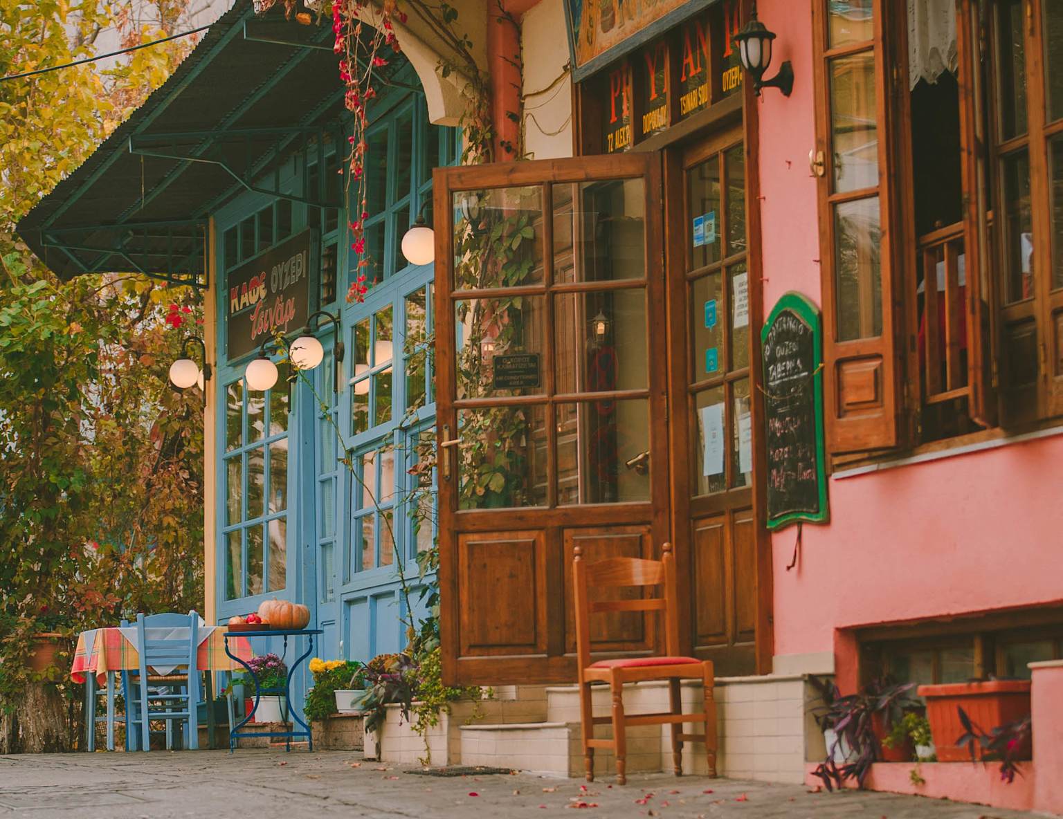 Colorful old town cafe exterior in Ano Poli, Thessaloniki