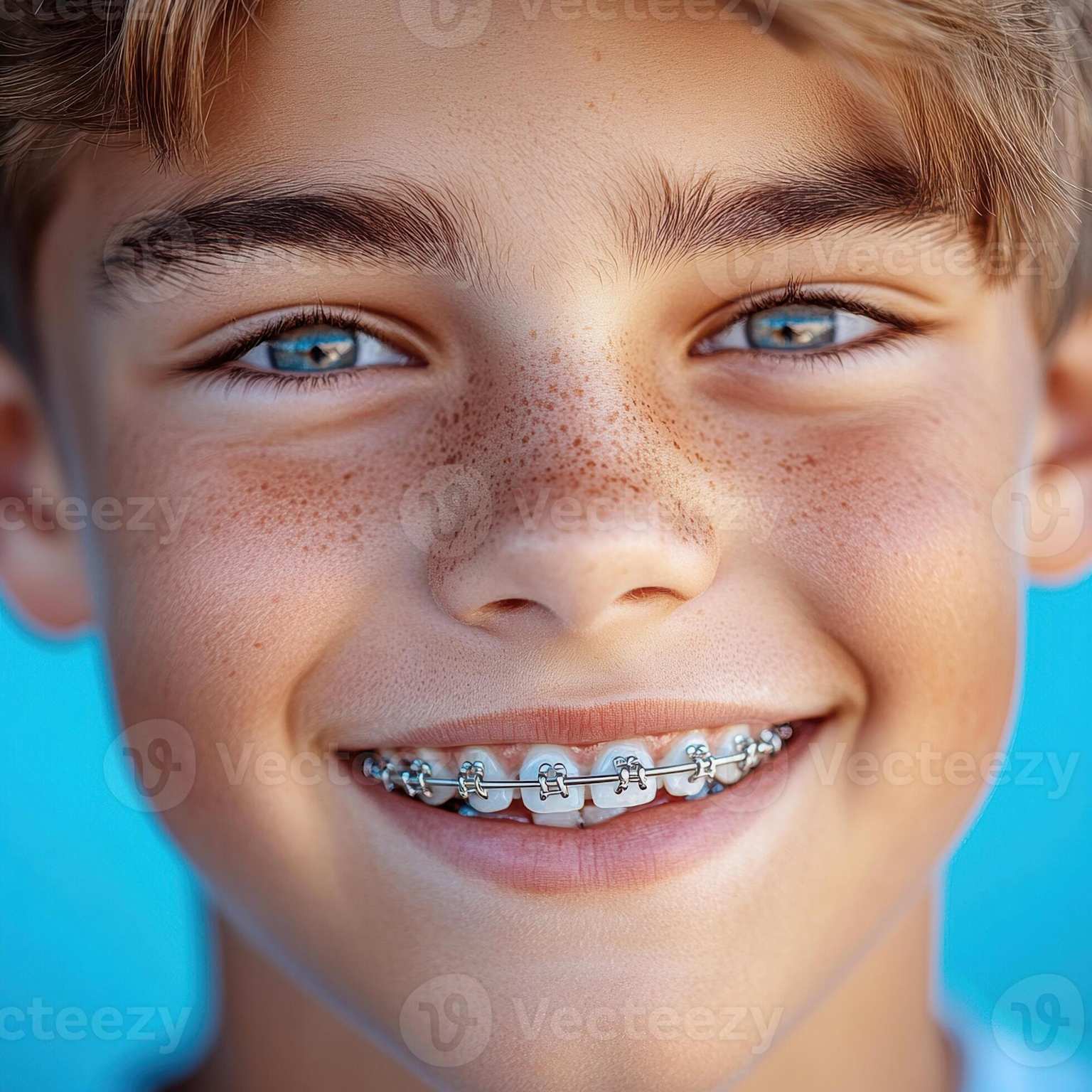 Teenage boy smiling confidently with metal dental braces showing straight aligned teeth