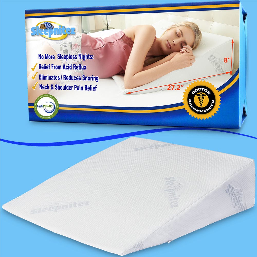 Best Sleeping Position: Side, Back & Stomach Guide 15 Sleepnitez wedge pillow for acid reflux and GERD showing packaging and white foam wedge