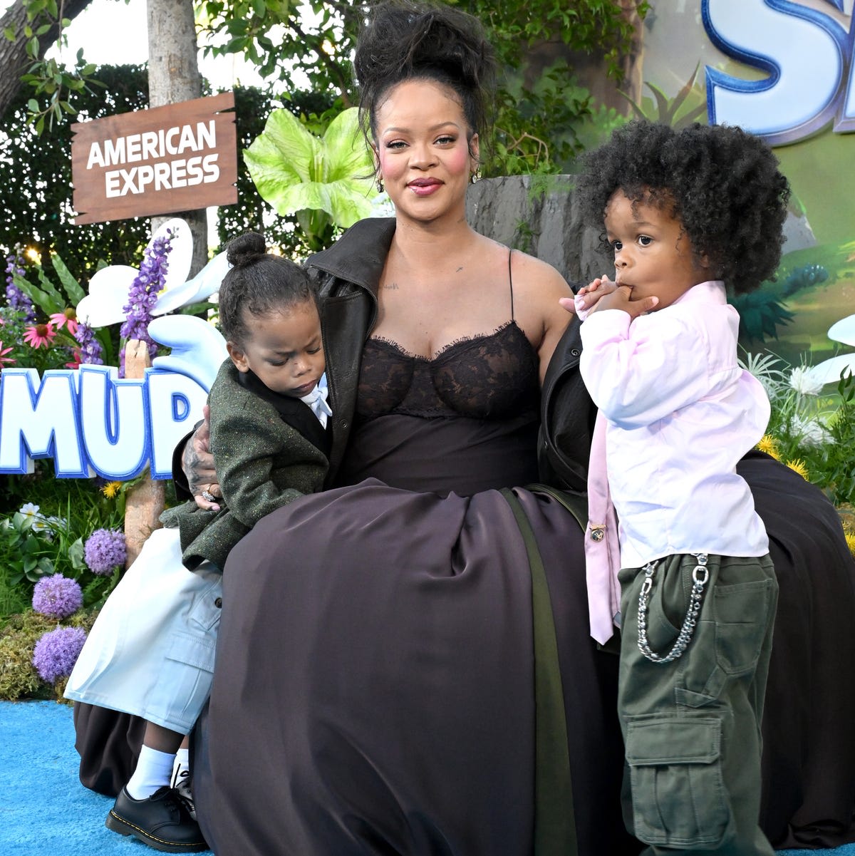 Rihanna family Smurfs premiere blue carpet