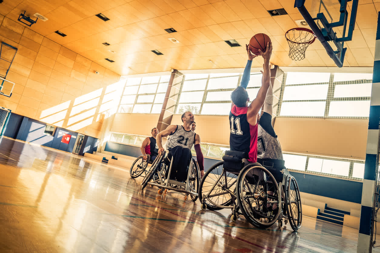 Wheelchair basketball players competing