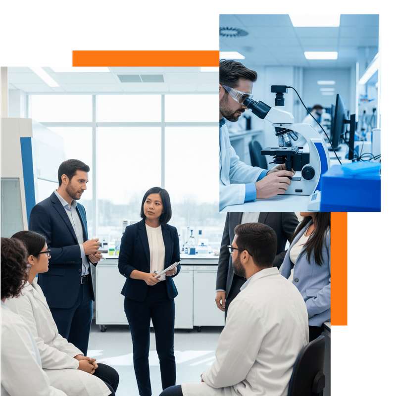 Biotech professionals collaborating in a modern laboratory environment