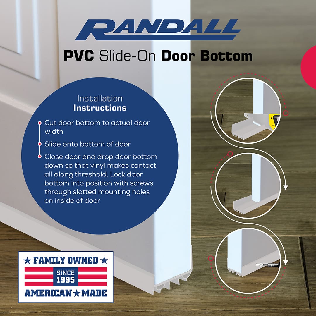 Diagram showing how to slide a U-shaped weather sweep onto the bottom of an exterior door