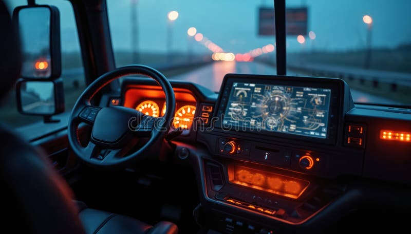 Nighttime view from inside a modern truck cab showing a digital dashboard and navigation screen