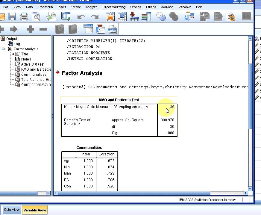 SPSS KMO and Bartlett's Test output example