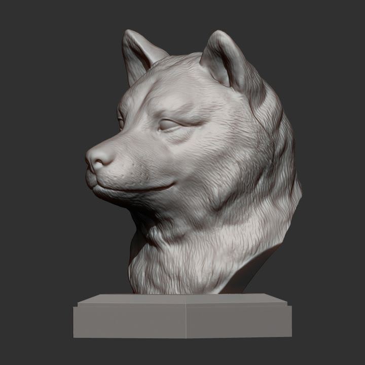 Monument-like Shiba Inu bust rendered in grayscale