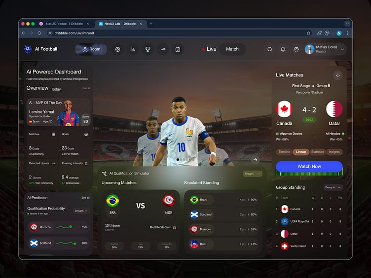 Football analytics dashboard screen showing match stats