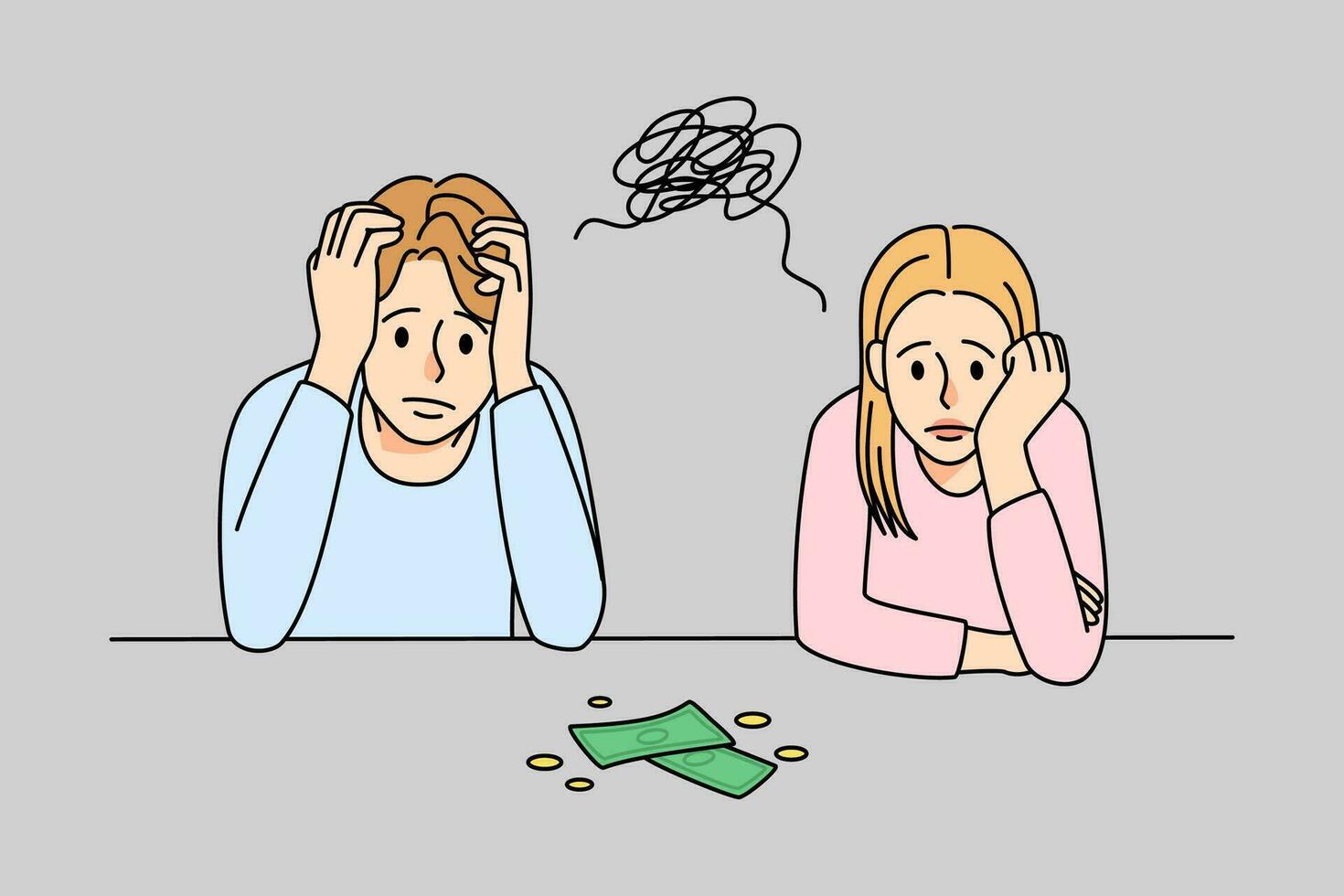 치과 비용과 빚 때문에 고민하는 가족 일러스트