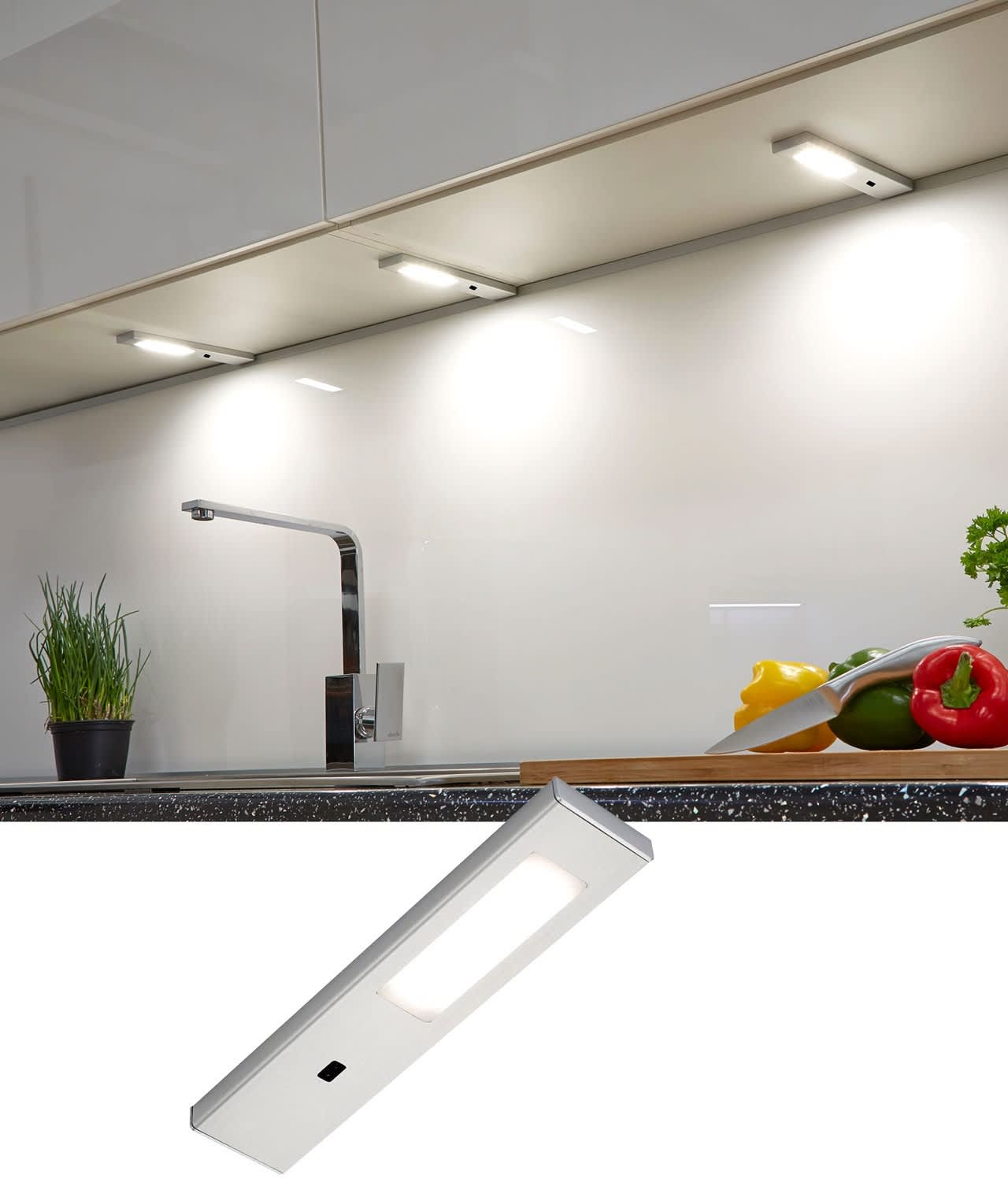 Neutral 4000K under-cabinet task lighting illuminating a kitchen counter