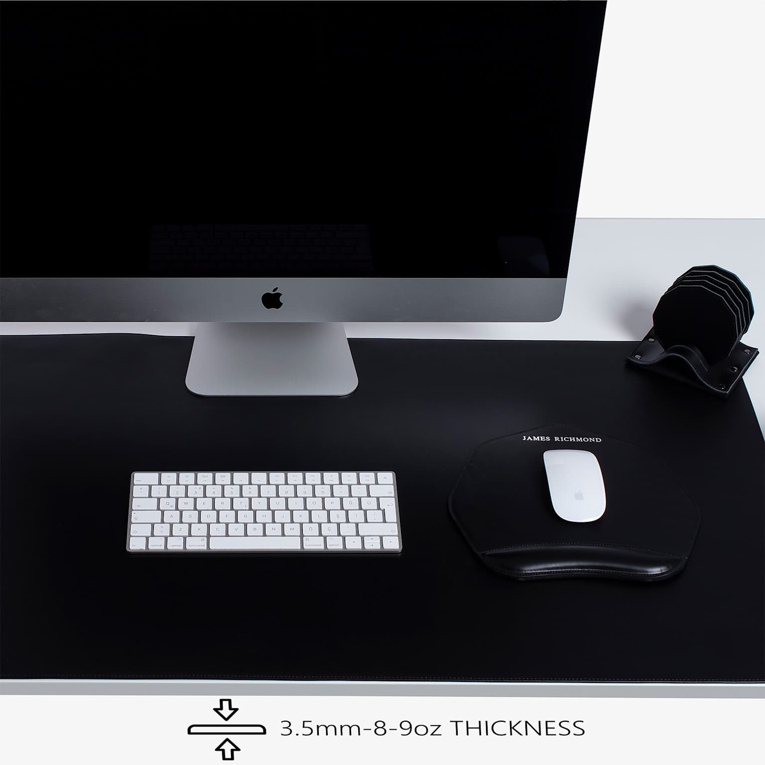 SycamotreCustom Personalized Leather Desk Mat &mdash; custom size black leather desk mat on modern workspace