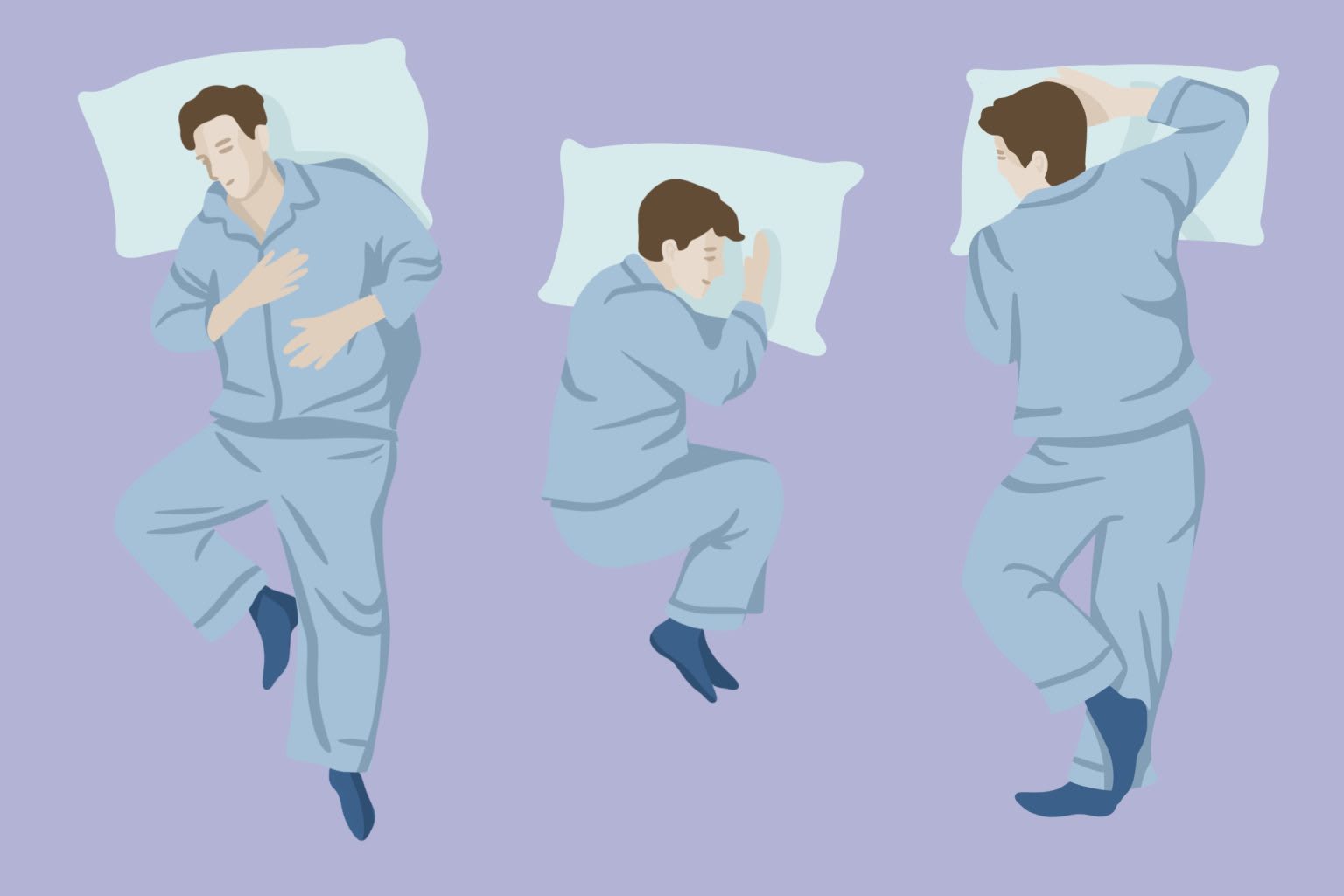 Three sleeping positions — side, fetal, and back — comparing snoring risk for each