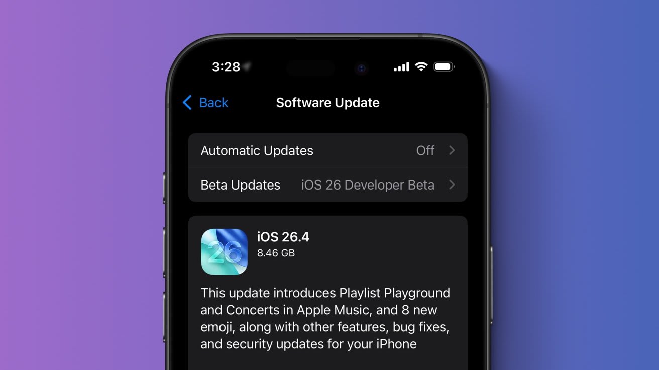 Pantalla de actualización de software en iPhone mostrando iOS 26.4 disponible para descargar