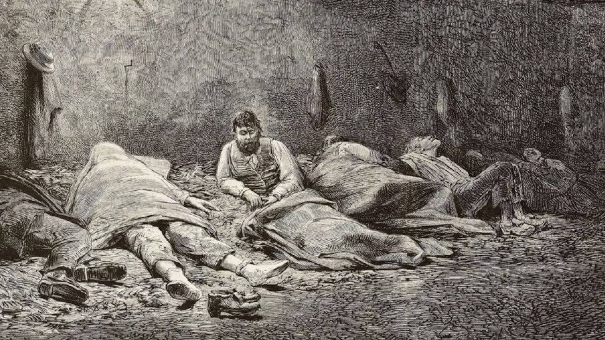 Biphasic Sleep Calculator β Plan Your Two-Phase Sleep Schedule (Free) 1 Historical black-and-white illustration of pre-industrial people sleeping in two separate groups inside a rustic room, one person seated awake between them β depicting the 'first sleep' waking period documented by historian Roger Ekirch