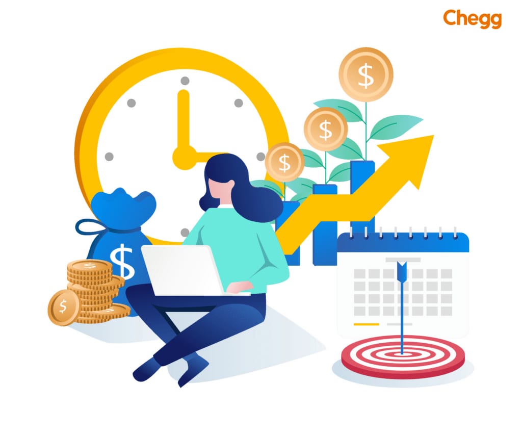 Illustration of a woman earning money online with laptop, coins, and growth symbols around.