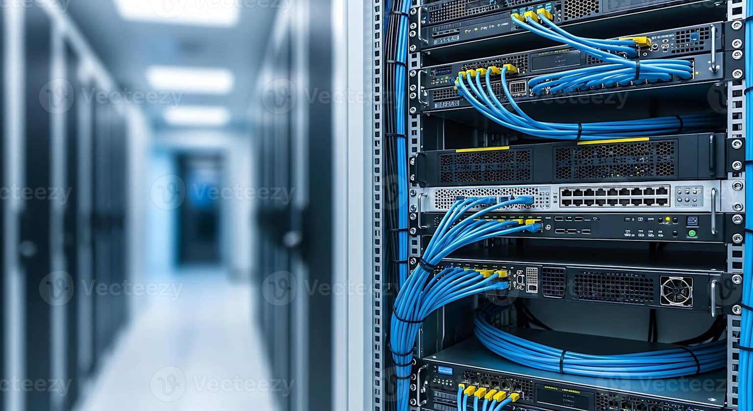 Infraestrutura de rede com servidores e cabeamento profissional