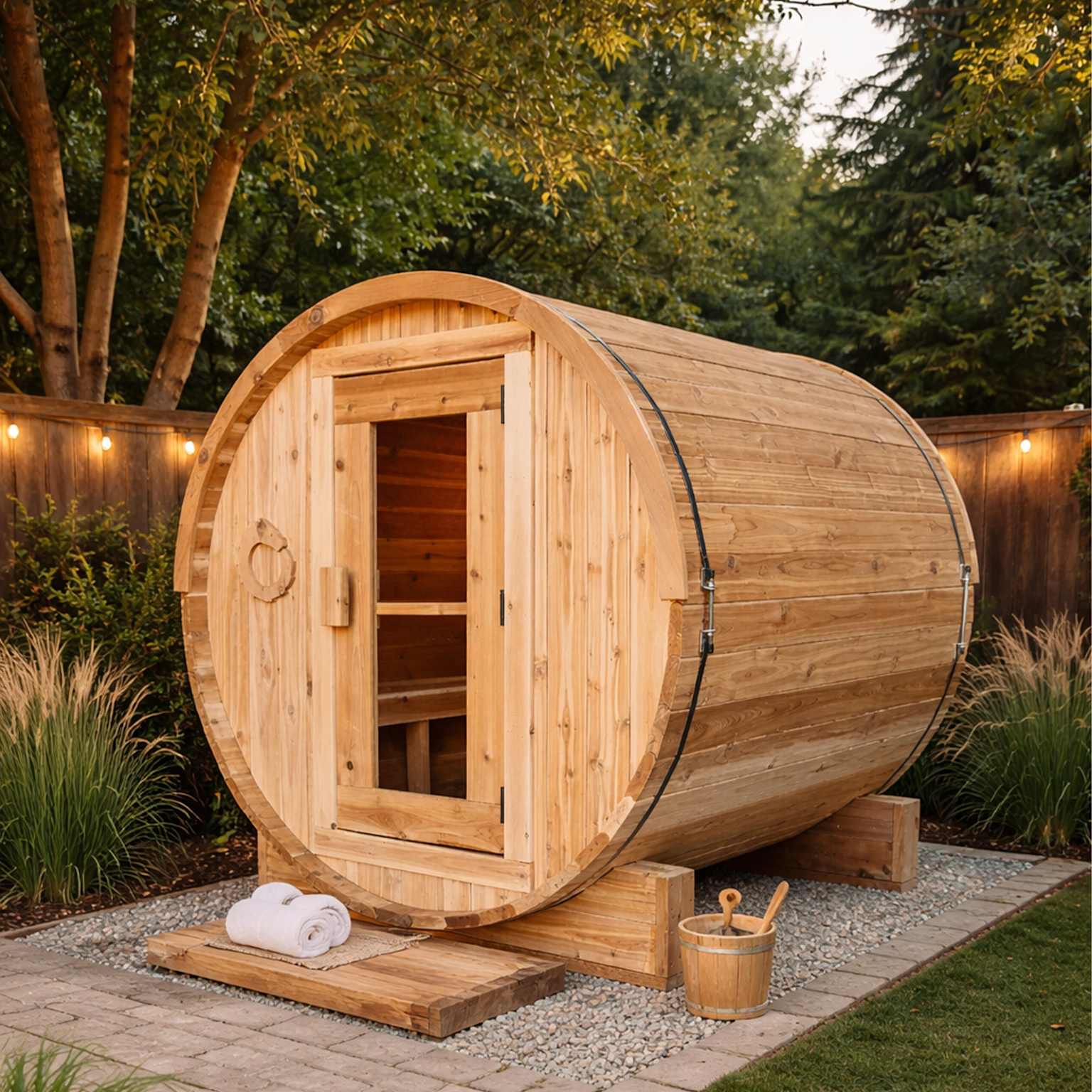Cedar wood outdoor barrel sauna in a backyard garden setting