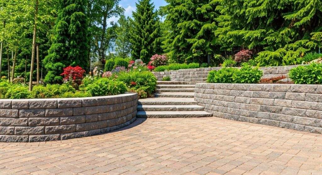 Stone retaining wall with integrated curved steps and landscaped garden