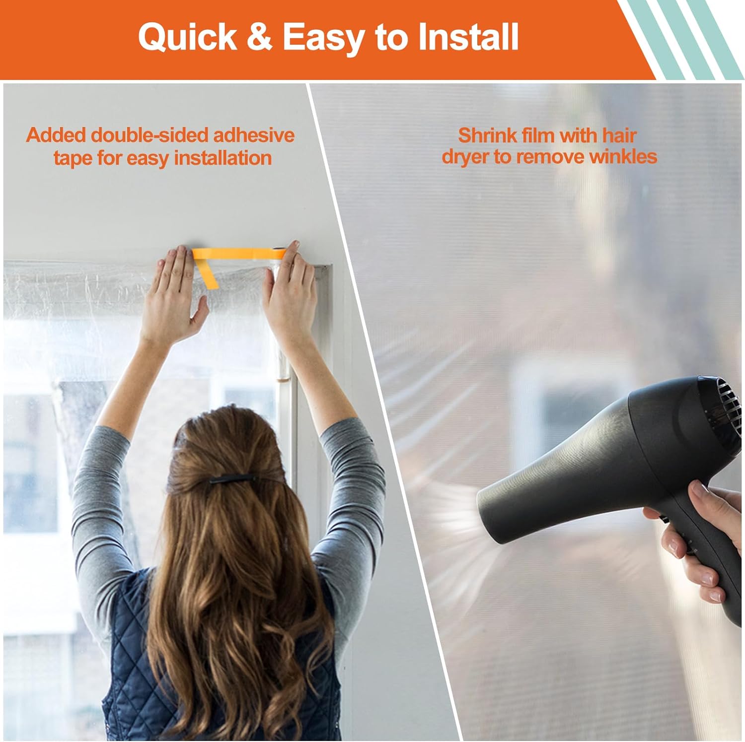 Using a hairdryer to shrink and tighten window insulation film