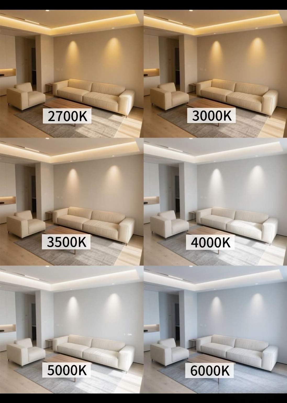 A living room lit with warm 2700K LED lighting for a cozy atmosphere