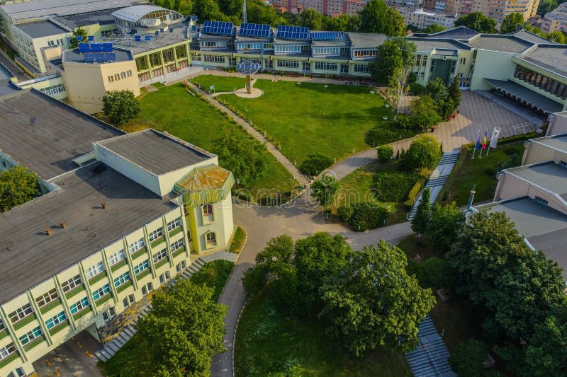 Aerial view of green school campus