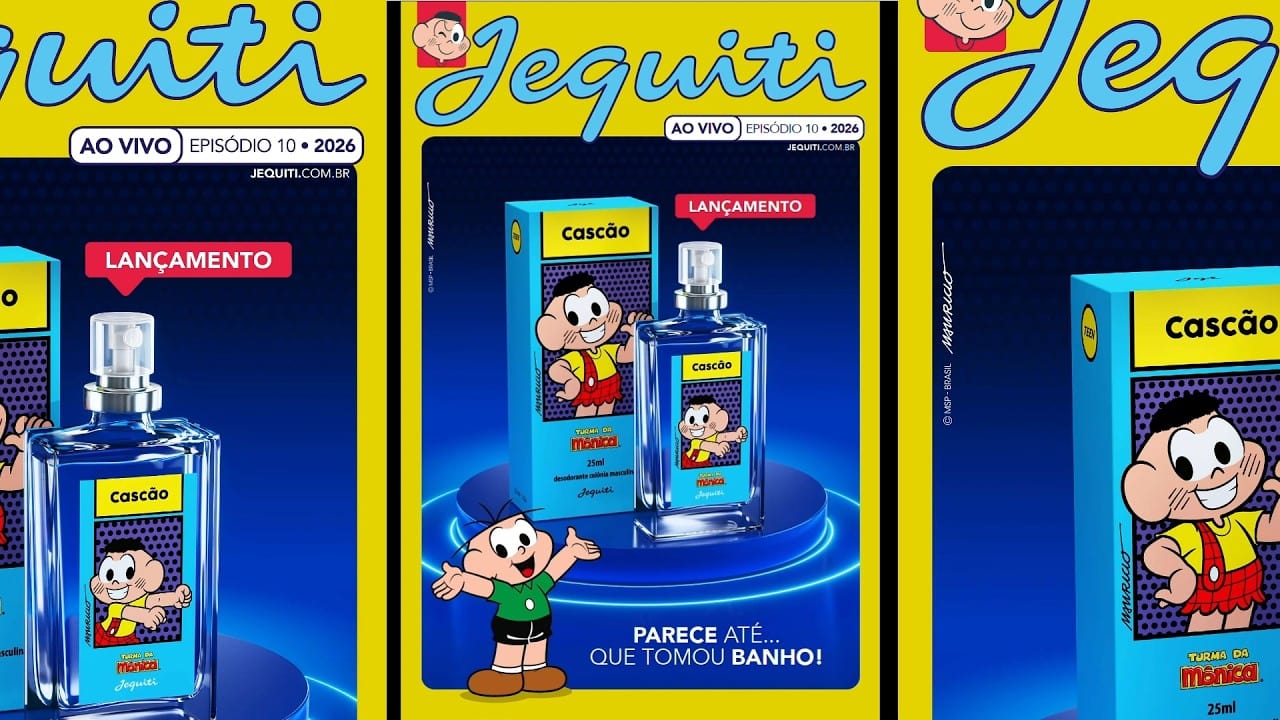 Campanha do perfume Cascão da Jequiti com personagem e embalagem do produto