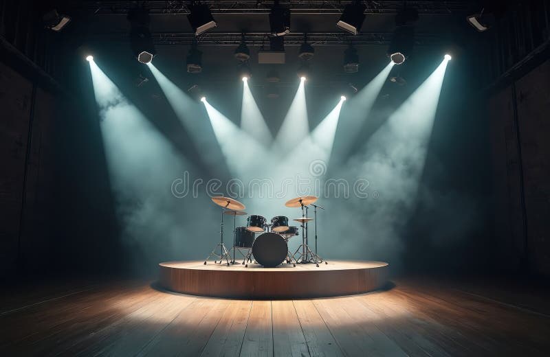 Scène de concert avec batterie sous les projecteurs