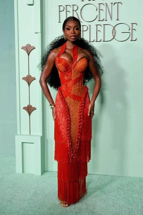 Serayah in red beaded gown