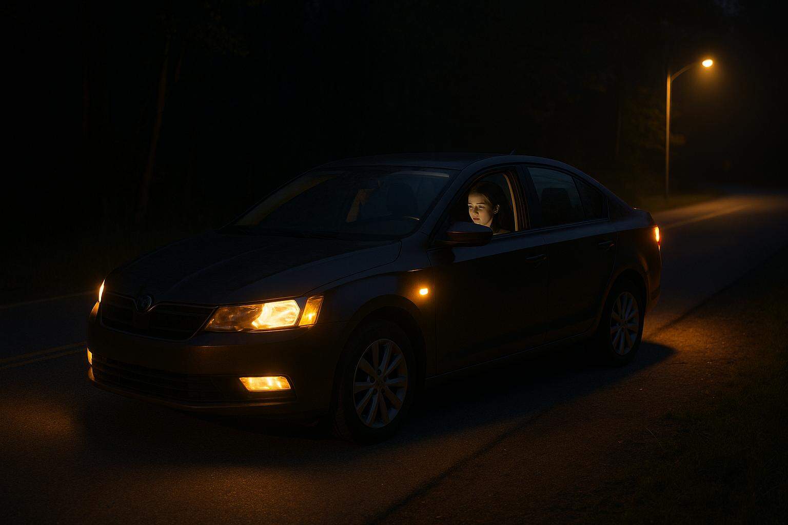 Car stranded on a dark Ottawa road at night