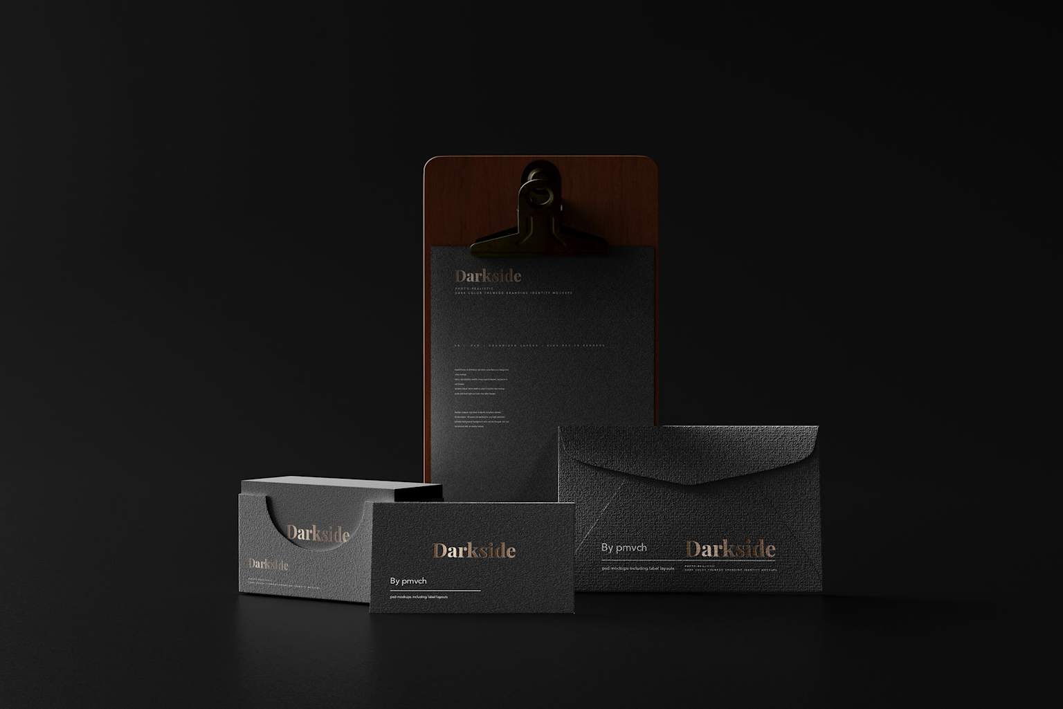 Dark luxury brand identity mockup with business cards and stationery — Graphic Island branding project