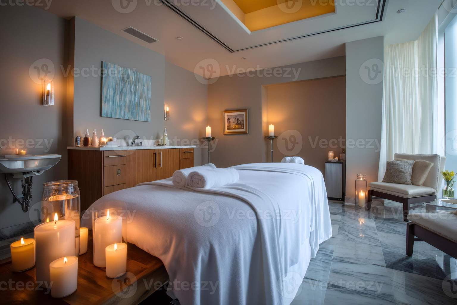 Cabine de massage zen avec table et bougies allumées