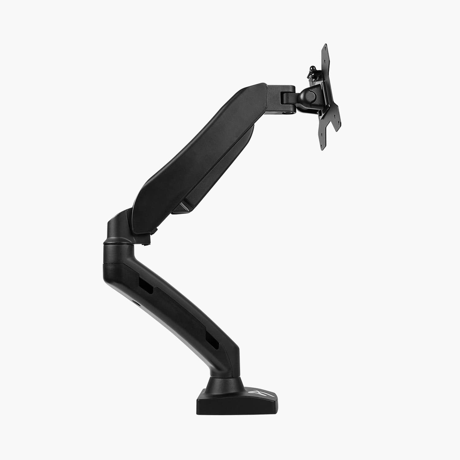 Amazon Basics Gas Spring Single Monitor Arm - black adjustable desk mount on white background
