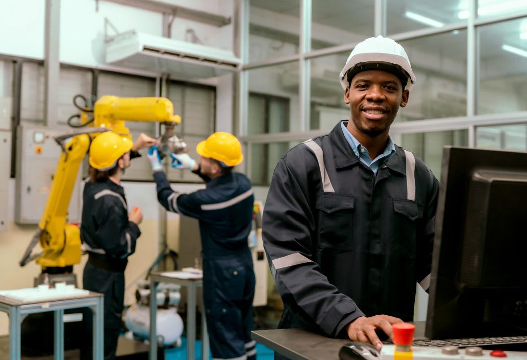Manufacturing worker at control panel on a modern factory floor