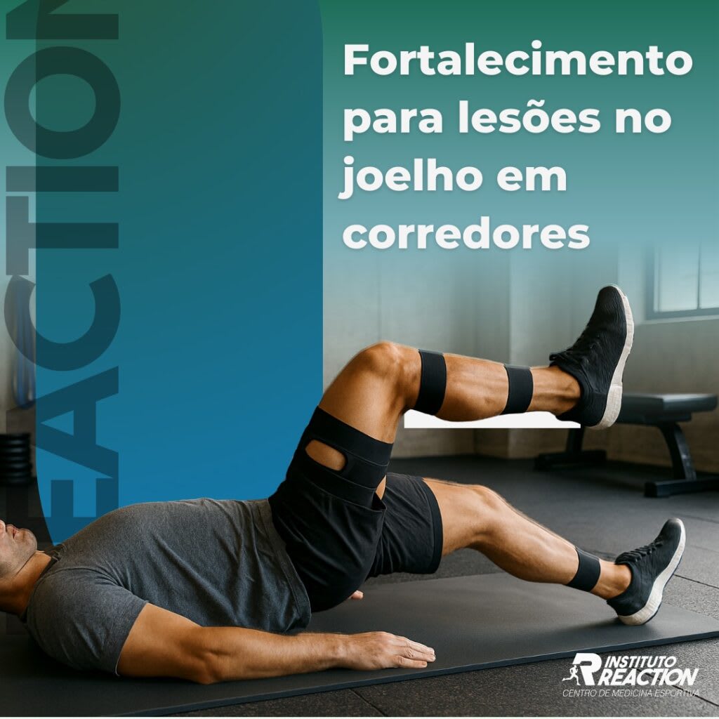 Fisioterapeuta orientando corredor em exercício de fortalecimento de joelho com faixa elástica