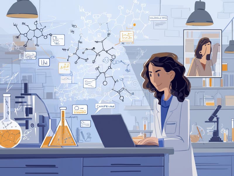 Ilustración de científica investigadora en laboratorio de química rodeada de estructuras moleculares, fórmulas químicas y equipos de laboratorio — representa la investigación de elementos químicos y sus aplicaciones en ciencia y tecnología