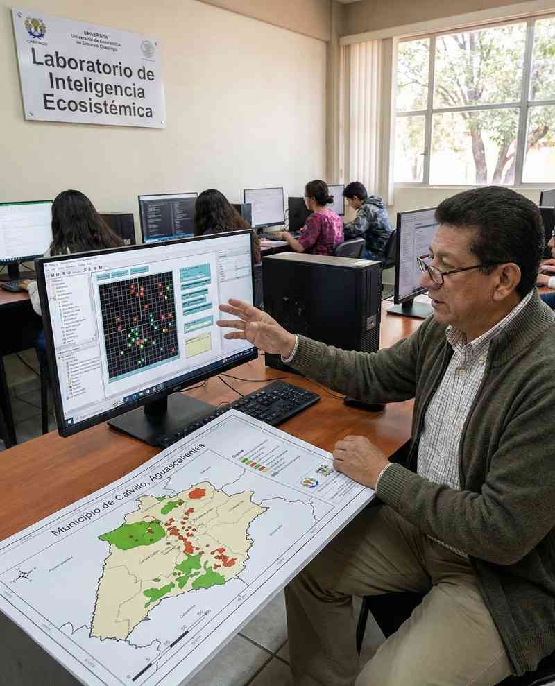Investigador en el Laboratorio de Informática de la Ecosistencia de la Universidad Autónoma Chapingo mostrando análisis de datos geoespaciales para manejo de suelos