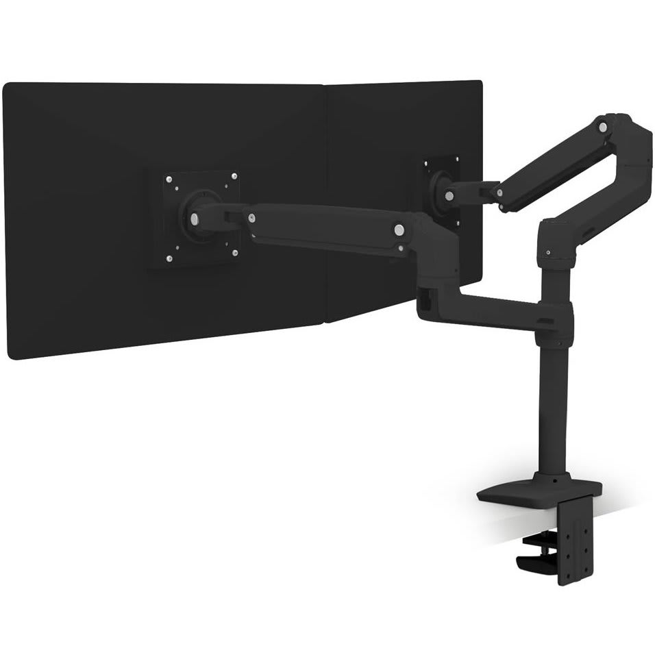 Ergotron LX Vertical Stacking Dual Monitor Arm in matte black with two monitors stacked, white background