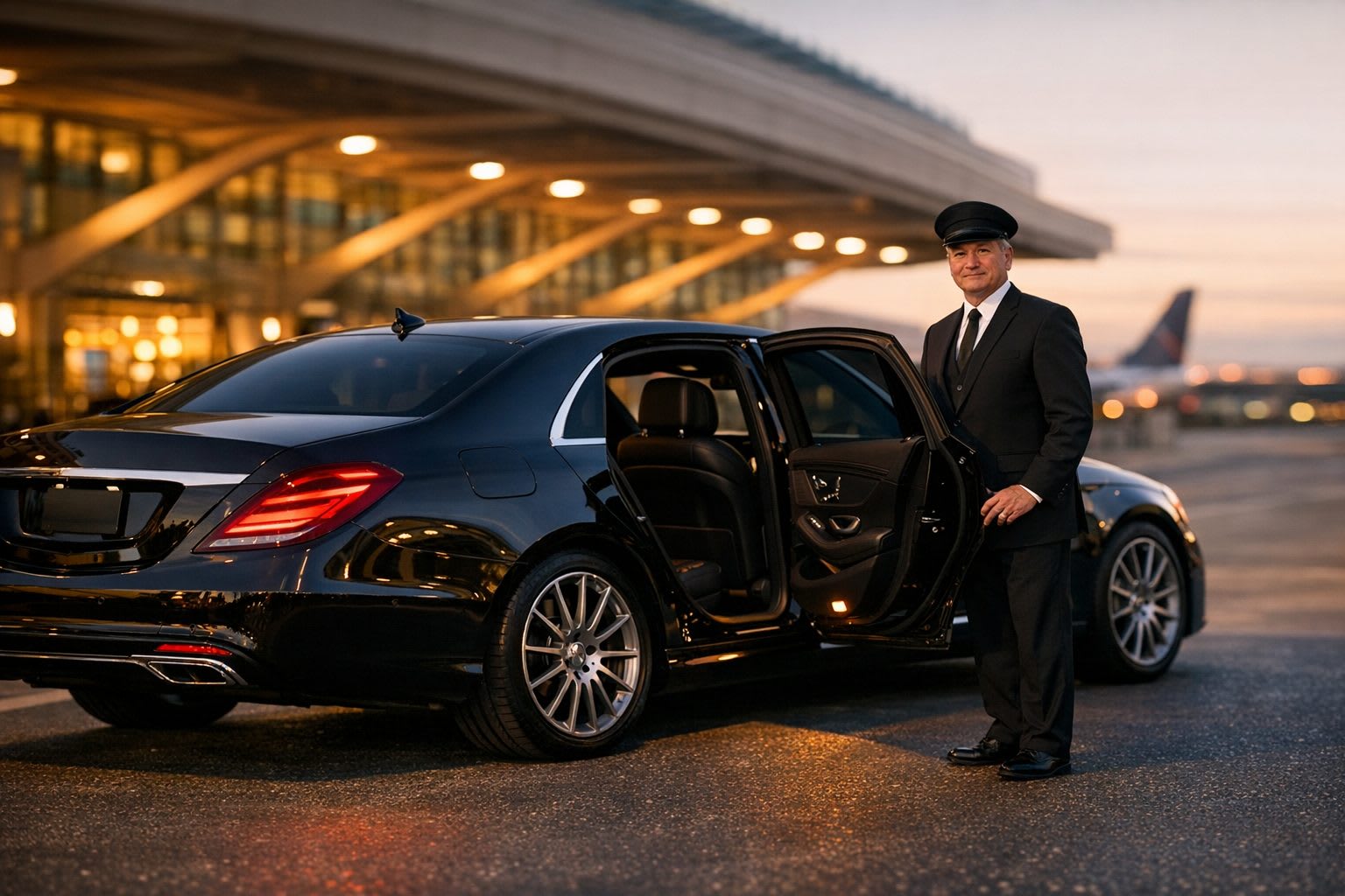 Executive chauffeur standing beside a luxury sedan for hourly as directed transportation