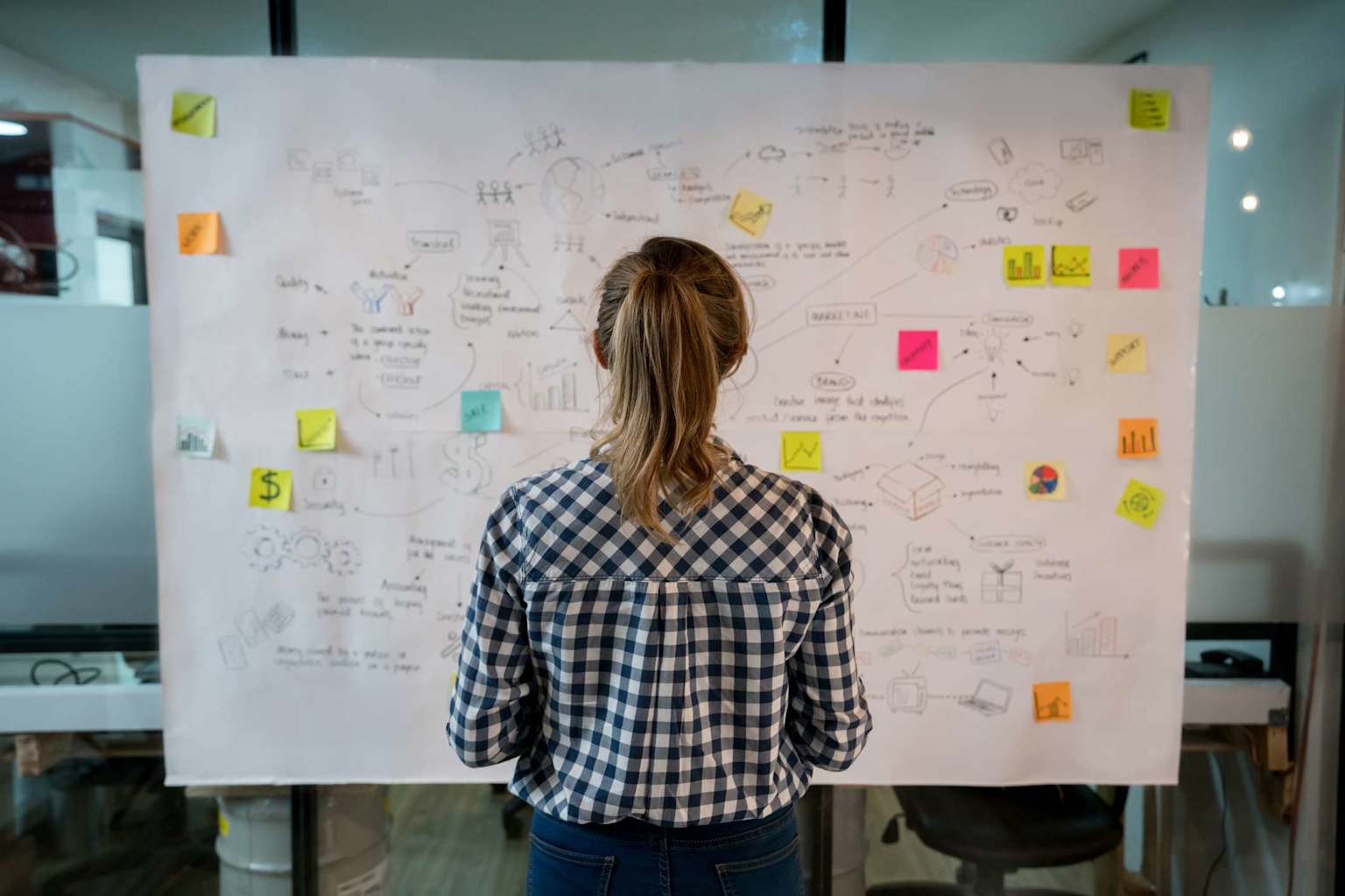 Person reviewing strategy notes and diagrams on a whiteboard