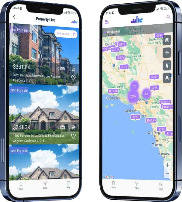 Smartphone showing real estate app with property list and map