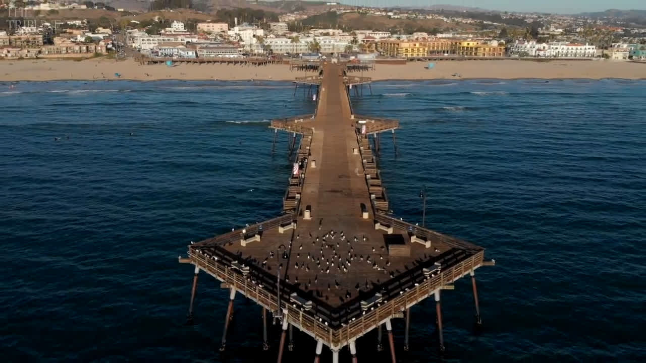 Aerial view of the Pismo Beach pier and coastline