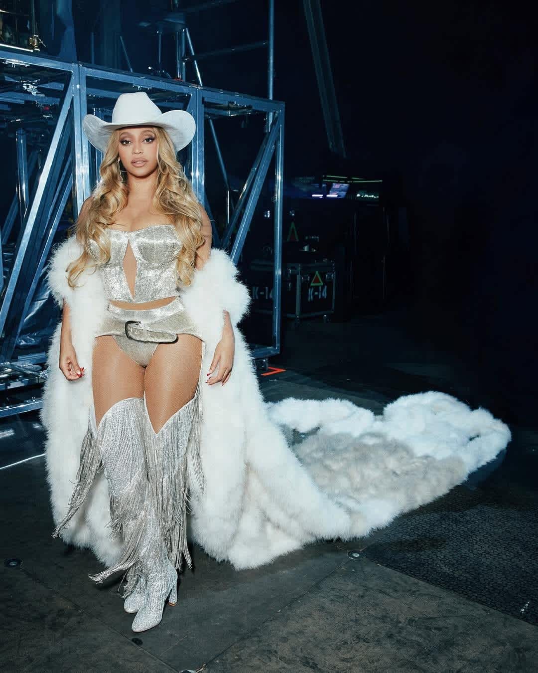 Beyoncé Mugler crystal cowboy with fur shawl