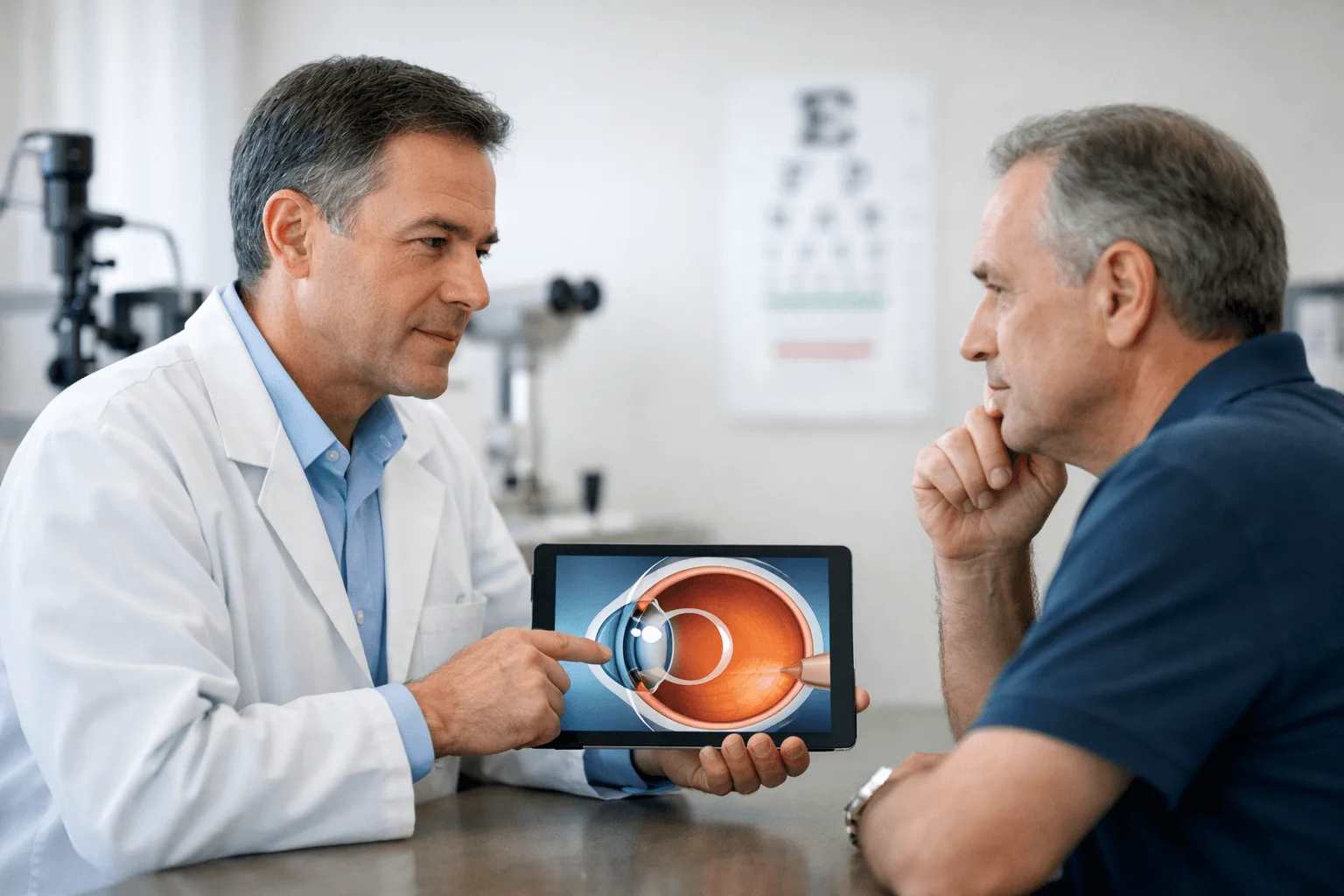 Ophthalmologist showing a patient a tablet with an eye treatment model