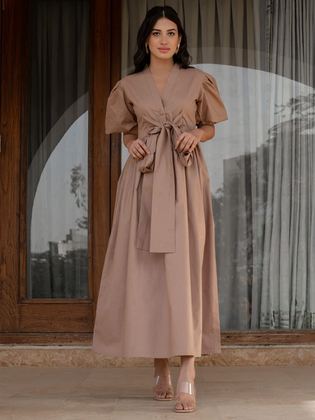 Beige dress outfit with a polished luxury-inspired silhouette