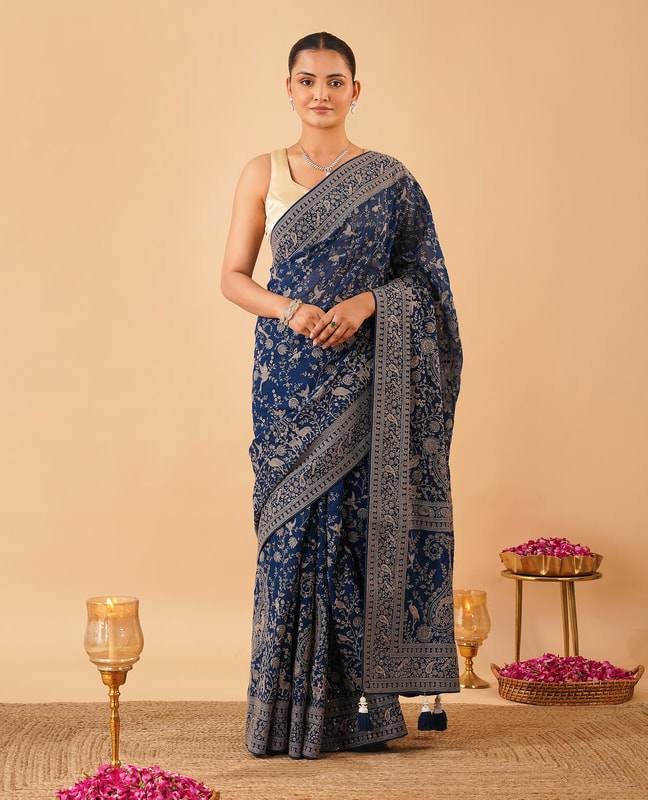 Draped Blue Georgette Saree