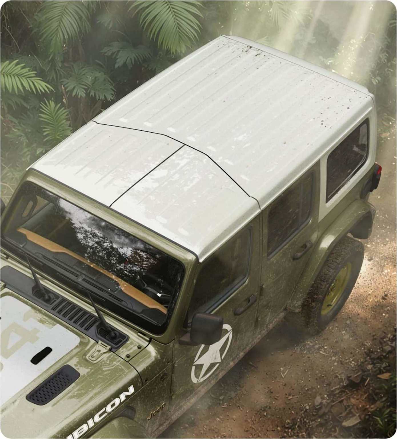Jeep Wrangler Sarge driving through jungle terrain