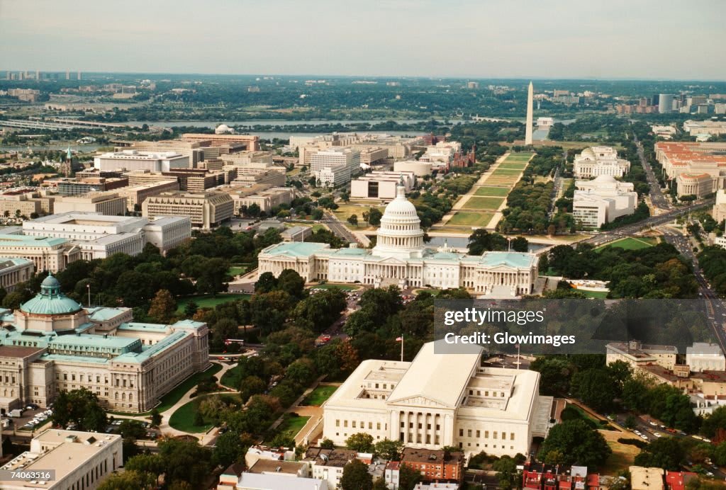 Aerial view of Washington D.C. federal government buildings