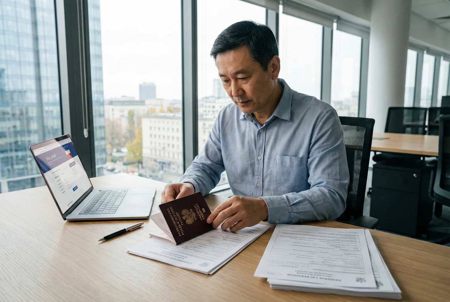 Mężczyzna sprawdzający dokumenty i paszport przy biurku w Polsce