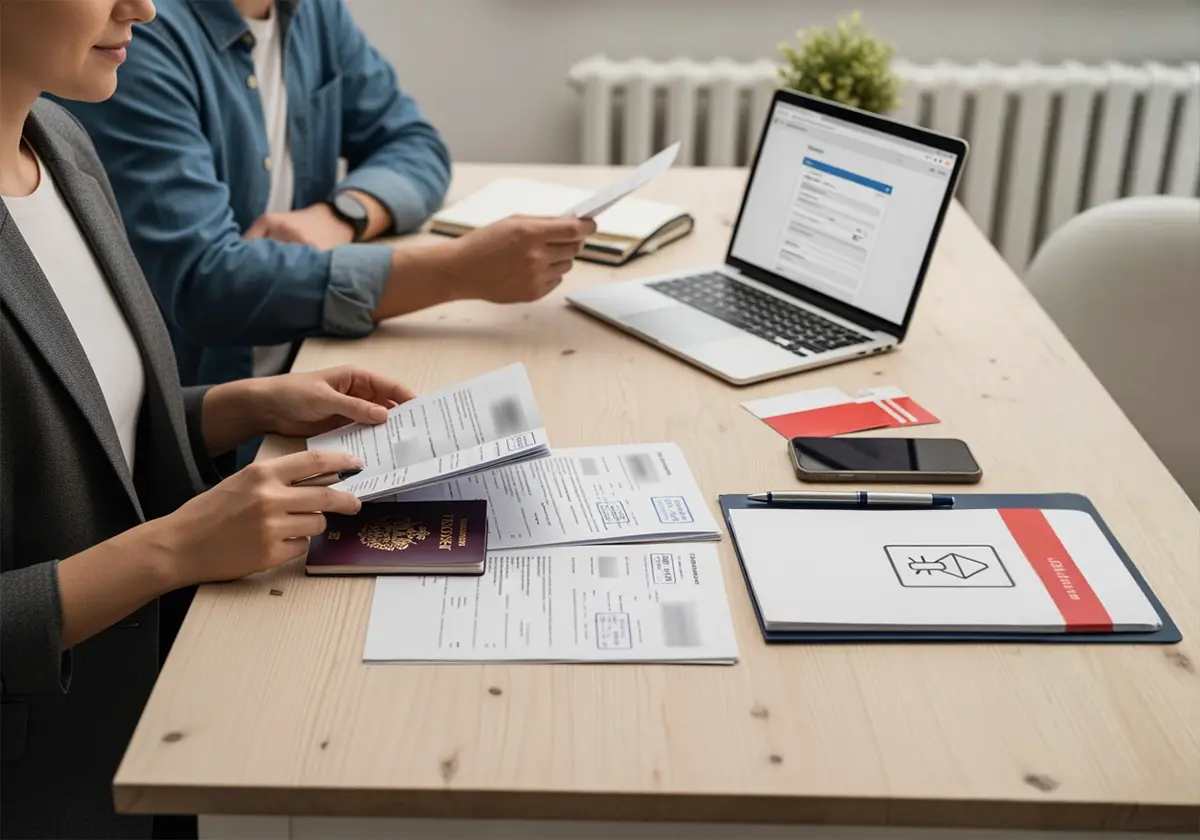 Specjaliści analizujący paszport i dokumenty edukacyjne przy laptopie