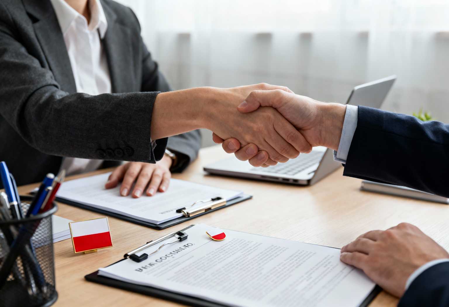 Фахівці з документами та польським прапором на столі